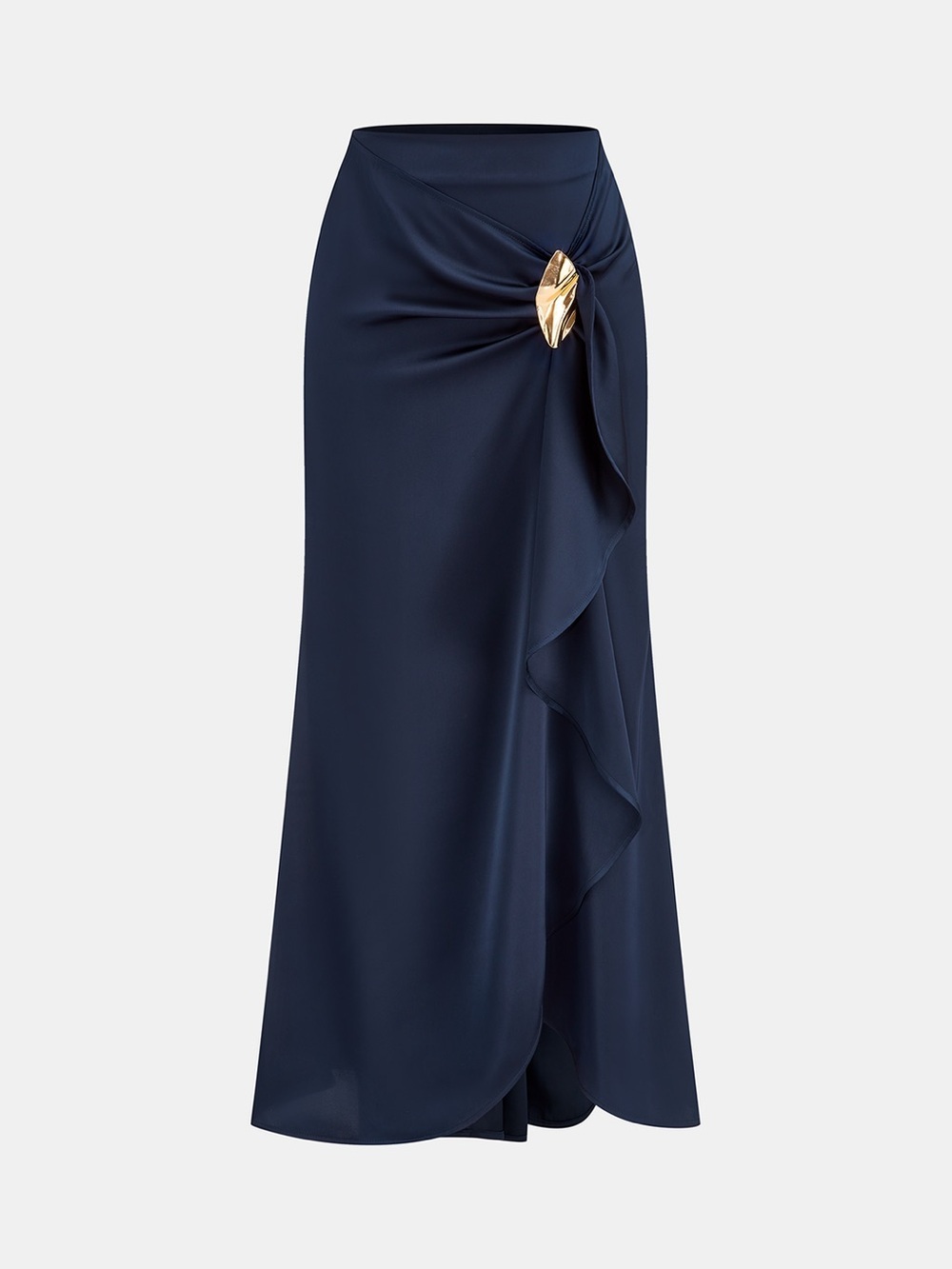 NWT Stunning Commense Blue Asymmetric Ruffle Metal Detail Satin Maxi Skirt XL